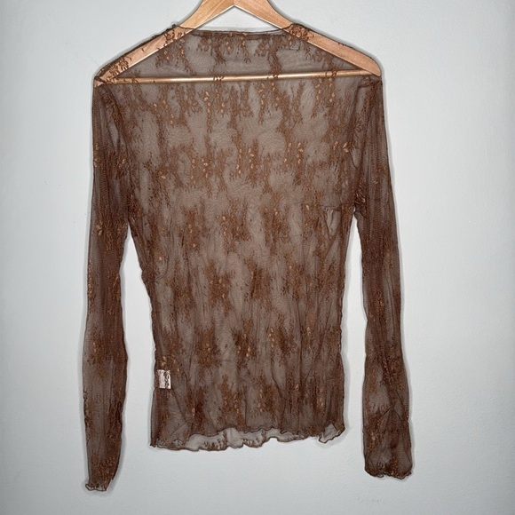 Lace Long Sleeve Sheer Top Perfect for Layering Women's XXL in Brown - Picture 2 of 5
